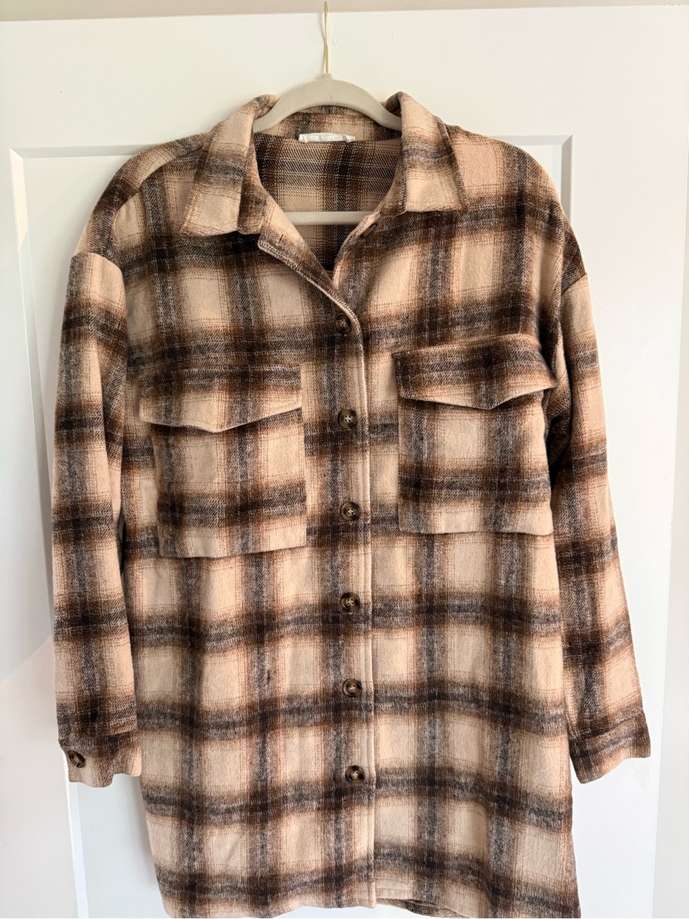 12th Tribe Plaid Utility Shacket in Beige and Brown